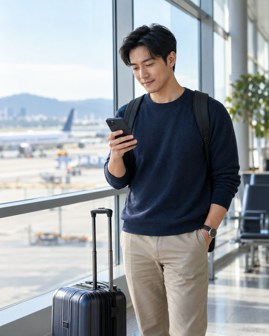 Traveler reviewing travel details at the airport